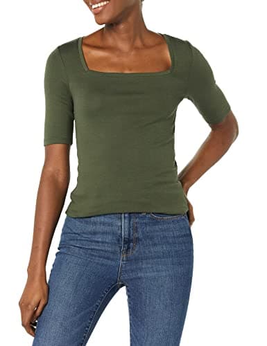 Image of Amazon Essentials Women's Slim-Fit Half Sleeve Square Neck T-Shirt, Olive, M
