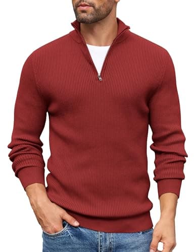 Image of COOFANDY Men's Quarter Zip Jumper Polo Neck Jumpers Knitted Sweater Regular Fit Roll Neck Tops Turtleneck Pullover 1/4 Zip Knitted Jumper Deep Red S