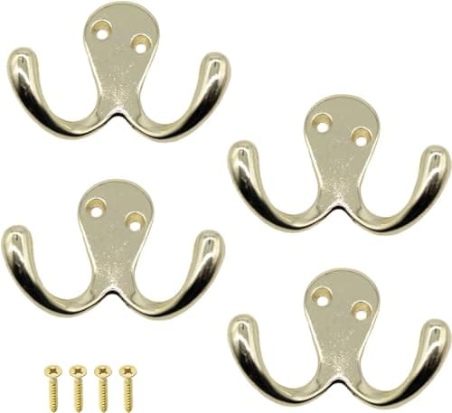 Image of SISI UK Double Prong Robe Hook Dual Coat Hooks with Screws Brass Double Robe Hook for Coats 50mm x 78mm Wall Mounted Hooks Robe Hooks Hangers for Hat Tie Clothes Coats Towel Pack of 4.