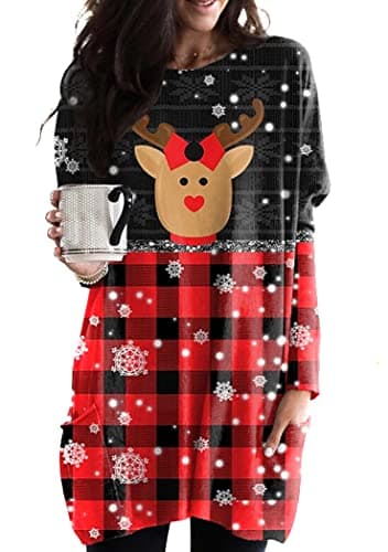 Image of OMZIN Women Christmas Long Sleeve Sweatshirt Christmas Print Crew Neck T-Shirts Pullover Holiday Xmas Top Black Red Elk XXL