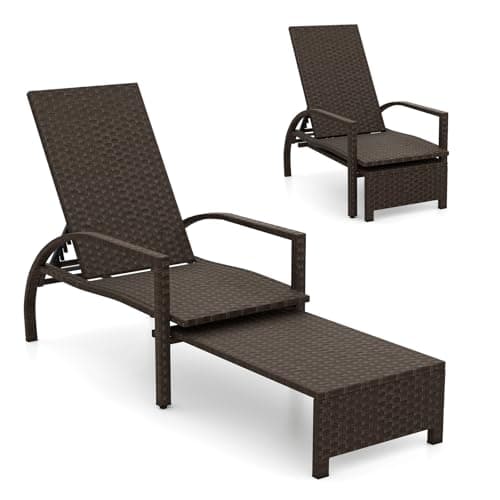 Image of COSTWAY Rattan Sun Lounger, 5/6-Level Adjustable Garden Chaise Lounge Chair Sunbed with Retractable Footrest, Outdoor Wicker Recliner Chair for Patio Balcony Poolside (Mixed Brown, Rattan)