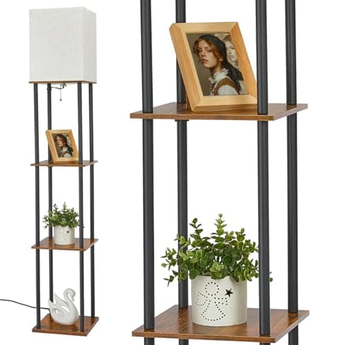 Image of IPARTS EXPERT Floor Lamp with Shelf, Modern Standard Tall Standing Lamp 3 Tier Wood Shelves, 3 Color Temperatures Dimmable LED Reading Lamp for Living Room, Bedroom, Office (Rustic Brown)