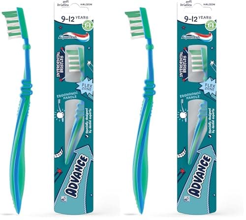 Image of Aquafresh Advance Kids Toothbrush, Developed by Dental Experts for Children Aged 9-12 Years Old, Plastic-Free Packaging, Soft Toothbrush (Pack of 2)