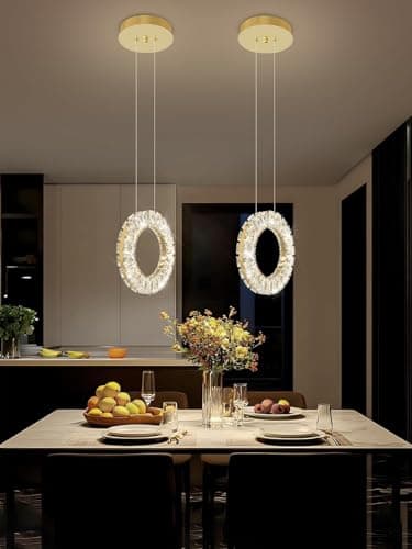 Image of Stesulfr Crystal Chandelier LED Modern Interior Decorative Lighting Fixtures Kitchen Island Hanging Lamp Gold Round Lights Dining Room Foyer Entrance Corridor Pendant Light with Remote Control(Gold-1