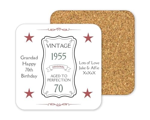 Image of Personalised Cork-Backed Drinks Coaster, Square 9.6cm Drink Mat, Customisable Design for Birthday, Special Occasion Gifts, White Surface with Protective Base (Vintage Aged To Perfection)