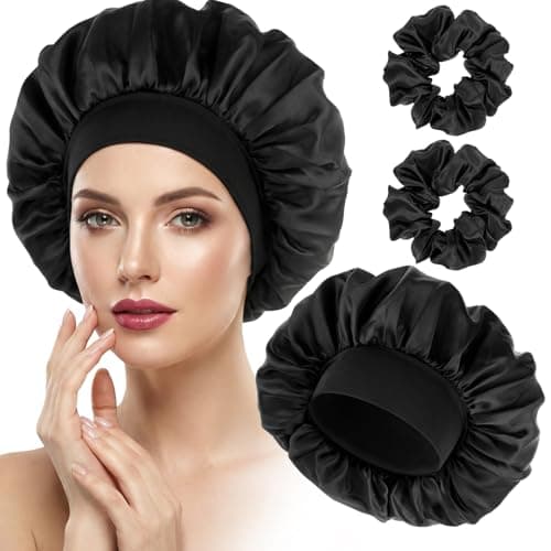 Image of WLLHYF Satin Bonnet for Sleeping Women, Bonnets with 2 Pcs Adjustable Tie Band Elastic Band Silk Sleep Cap Soft Hair Wrap Large Bonnets for Black Women