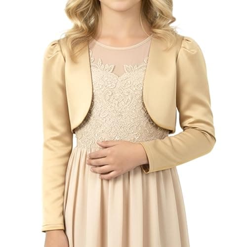 Image of BlackButterfly Kids Satin Long Sleeve Bolero Childrens Girls Shrug (Gold, 11-12 Years)