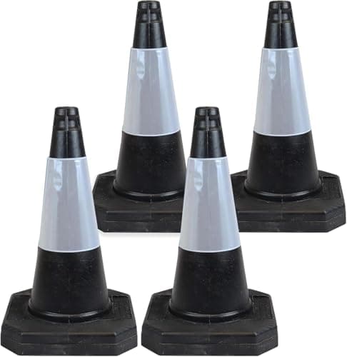 Image of Street Solutions UK - 4 x 500mm High Black Traffic Safety Street Cone Reflective Sleeve Suitable for Highways Heavy Duty Weighted Base Black Safety Cone Pedestrian Separator
