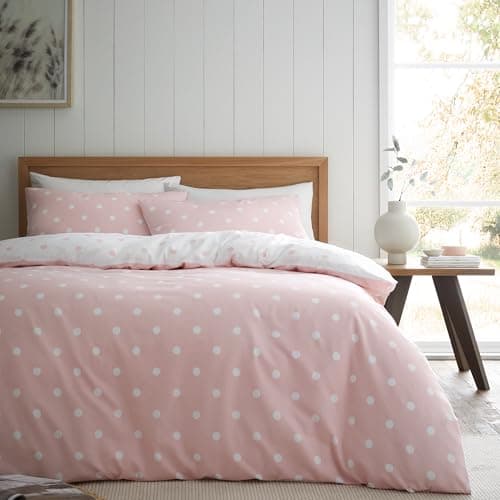 Image of Catherine Lansfield Brushed Polka Dot Cotton Reversible Single Duvet Cover Set with Pillowcase, Pink