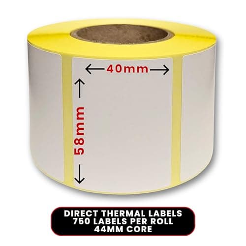 Image of Direct Thermal Label Stickers - 58x40mm White Self Adhesive Sticky Labels On A Roll for Zebra, Toshiba, Cas, Dibal, Avery (1 roll - 750 Labels) VAT Included