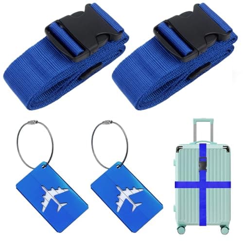 Image of Luggage Strap (2 Pack), with 2 Luggage Tags, Custom Identification, Travel Bag Closure, For Connecting Luggage Together, Dark blue