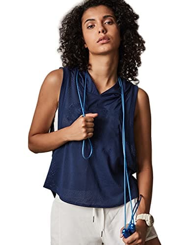 Image of Women's Fitness Sleeveless Mesh Hoodie Sports Running T-Shirts Workout Tops Navy Blue S