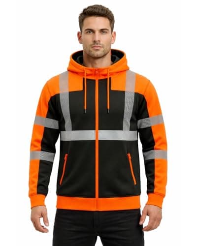Image of kraftd Hi Vis Hoodie for Men Reflective Striping Safety Zipper Jacket Hi Viz Sweatshirt Hooded Full Sleeves Fleece Lining High Visibility Workwear (Black/Orange, M)