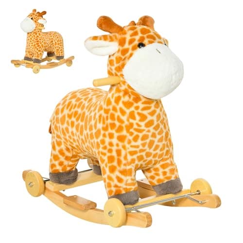 Image of HOMCOM 2 In 1 Kids Todder Rocking Horse Plush Ride On Giraffe Rocker with Wheels Wooden Base Animal Sounds for 3-6 Years