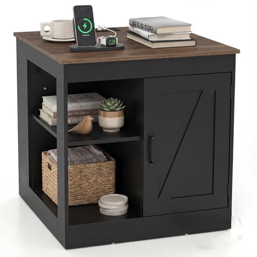 Image of COSTWAY Bedside Table with Charging Station, Wooden Nightstand End Sofa Side Table with Open Shelves, Cabinet & Barn Door, Farmhouse Accent Bedside Cabinet for Living Room Bedroom (1, Black + Natural)