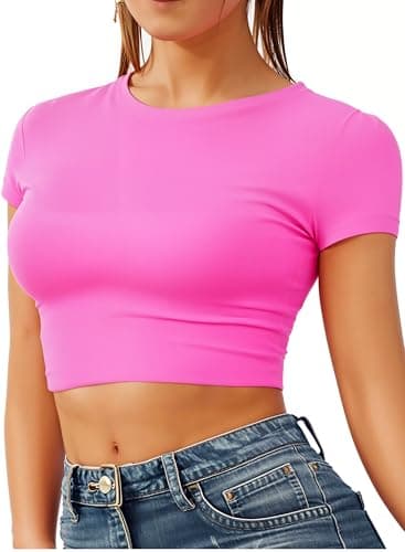 Image of Re Tech UK - Women's Basic Ladies Short Sleeve Stretchy Crop Tops for Women, Slim Fit Crew Neck, Cropped T Shirt, Summer, Cute, Tshirt, Sizes 8-14 (M/L 12-14, Hot Pink)