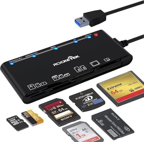 Image of Rocketek Card Reader USB 3.0, 7 in 1 Memory Card Reader, USB 3.0 (5Gbps) High Speed CF/SD/TF/XD/MS/Micro SD Card Solt All in one Card Reader for Windows XP/Vista/Mac OS/Linux,etc