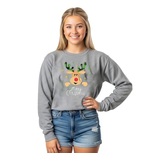 Image of Lang Horn Christmas Sweatshirt Women Reindeer Graphic Print Jumper Long Sleeve Shirt Unisex Pullover Causal Crewneck Sweat Tops for Women XL Heather Grey