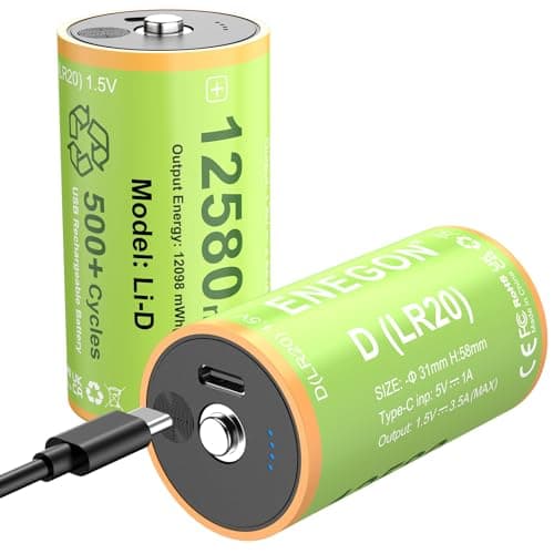 Image of ENEGON 2 Pack D Batteries 12580mWh Rechargeable Lithium-ion D, 1.5V LR20 Battery with USB-C Cable for Floodlights, Camping Lights, Radios, Security light, Touch-sensitive LED Display.