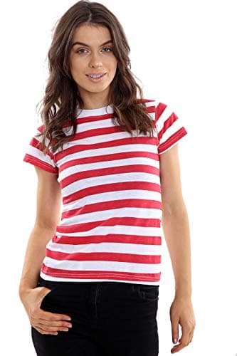 Image of GW CLASSY OUTFIT Ladies Womens Striped T Shirts T Shirt Tops Vest Cotton Blend Fancy Dress S-XL (Red & White Stripe, M-L 12-14)