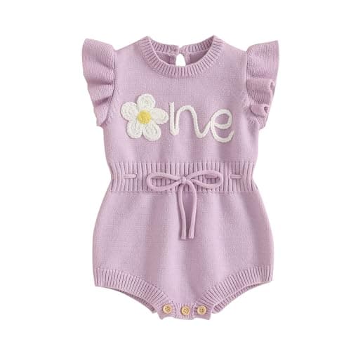 Image of MAHUAOYIXI Infant Baby Girl 1st Birthday Sweater Rompers Newborn Baby Girls' Knit Bodysuits Flying Sleeves Letter Floral Embroidery Jumpsuit Knitwear for Baby Warm Jumper (Purple, 6-12 Months)