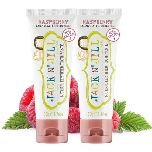 Image of Jack N’ Jill Natural Certified Kids Toothpaste – Fluoride-Free Toddler & Baby Toothpaste with 40% Xylitol, No Sugar, Suitable from 6 Months+, Organic Raspberry Flavour, Pack of 2 (50g Each)