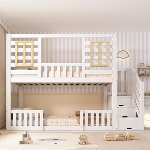 Image of Merax Double Bunk Bed,Children's Twin sleeper Bunk beds,with Storage Stair&Fall Protection and Railings&wooden windows Design, Solid Wood, White(90+90) x190cm