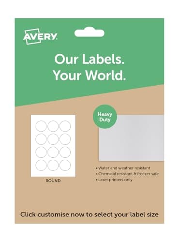 Image of Avery Round Waterproof Heavy Duty Labels – A4 Printable Sticker Sheets, Customisable Label Sizes, Durable White Stickers for Product Packaging, Candle Jars, Outdoor Use, Small Business Branding