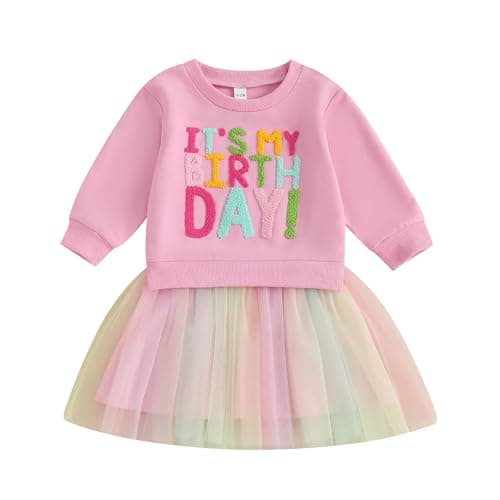 Image of MAHUAOYIXI Toddler Girls Birthday Dress Long Sleeve Letter Embroidery Tulle Tutu Skirt Layered Tiered Puffy Hem A-Line Princess Dress Sweatshirt Pullover Baby Girl Birthday Outfits (Pink, 3-4 Years)