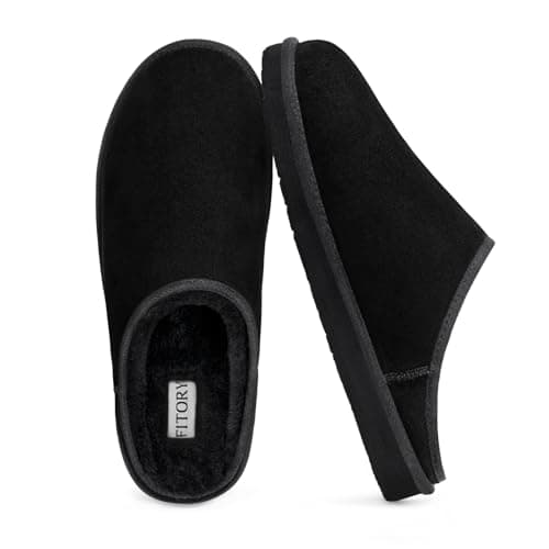 Image of FITORY Men's Suede Scuff Slippers,Comfy Fuzzy Lining Leather Slip-On House Shoes with Memory Foam Insole for Winter Indoor/Outdoor Pure Black Size 7.5
