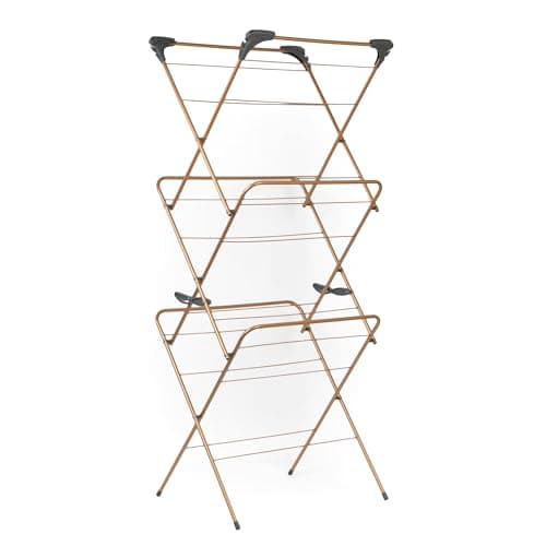 Image of Beldray LA089397GRYEU7 3 Tier Indoor Clothes Airer - Foldable Laundry Drying Rack, Non-Slip, Four Corner Hanger Hooks, Alloy Steel 7kg Max Load, 15M Washing Line Drying Space, Compact Storage, Copper