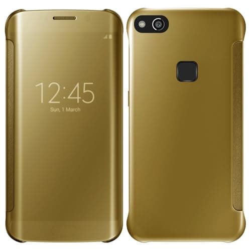Image of Case For Huawei P10 Lite - Luxury Smart View Mirror Flip Stand Magnetic Case Slim Shockproof Clear Display Protective Glossy Folio Phone Shell Cover for Huawei P10 Lite - Gold Mirror