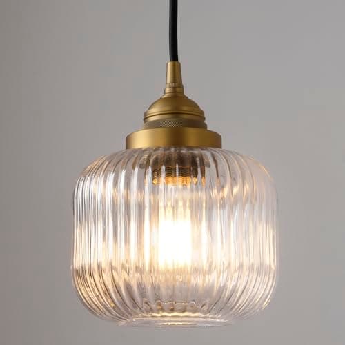 Image of SongCiLT Vintage Ceiling Pendant Light with Clear Ribbed Glass Lampshade, Industrial Globe Hanging Light Fixture for Kitchen Island Hallway Dining Room Stairway