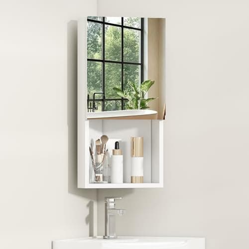 Image of MoraRise Corner Bathroom Mirror Cabinet,Wall Mounted Corner Cabinet with 3 Shelves,Single Door Bathroom Cabinets with Mirror,White Storage Unit for Shower Room Bedroom Living Room, 30 * 24 * 60CM