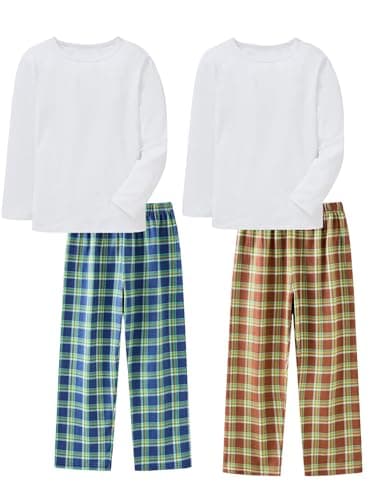 Image of LOLPIP Boys Pyjamas 4-Piece Set Kids Clothes Stretch Ribbed Cotton Sleepwear Long Sleeve White Top Checkered Pants Nightwear 12 Years