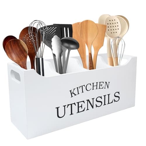 Image of Karisky Utensil Holder for Kitchen Counter, Wood Extra Large 4 Compartments Kitchen Utensil Holder with Drainage Bottom for Countertop, Farmhouse Cooking Tools Organizer for Spatula, White