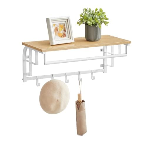Image of VASAGLE Coat Rack Wall-Mounted, Clothes Rail with 5 Removable Coat Hooks, Floating Shelf with Hanging Rail, for Hallway, Bedroom, Living Room, Golden Oak and Cloud White LCR012N01