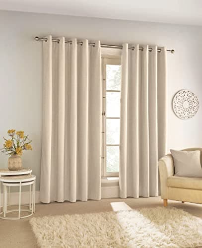 Image of Enhanced Living Savoy Cream Velvet Chenille 100% Blackout Thermal Eyelet Curtains - 90 x 90 inch (229 x 229cm) - Energy Saving & Noise Reducing Curtains for Living Room & Bedroom