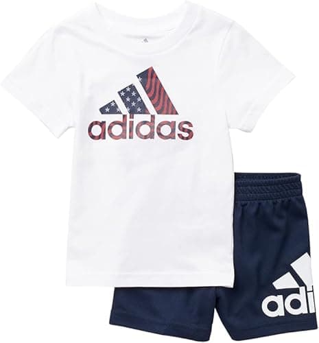 Image of ADIDAS Boys' Cotton T-Shirt and Shorts Set, White with Navy Blue, 12 Meses