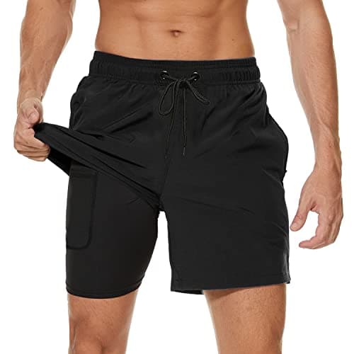 Image of Arcweg Men's Swim Trunks Mens Swimming Shorts with Compression Liner Quick Dry Stretchy 2 in 1 Board Shorts with Zipper Pockets Black M (UK)