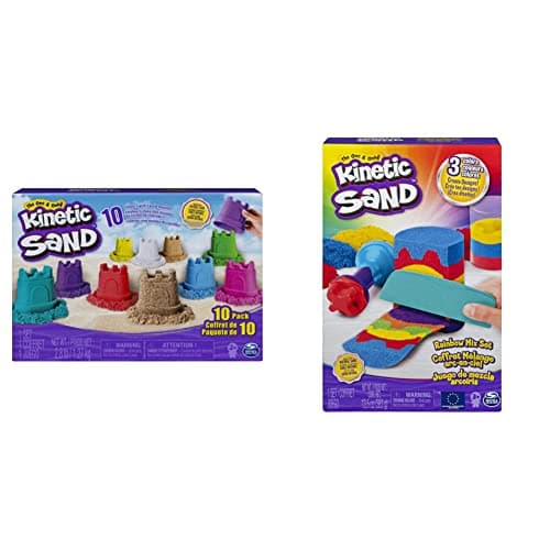 Image of Kinetic Sand Castle Containers 10-Colour Pack for Kids Aged 3 and Up & Rainbow Mix Set with 3 Colours of Kinetic Sand (382g) and 6 Tools, for Kids Aged 3 and Up (Styles Vary)