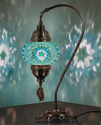 Image of DEMMEX Turkish Moroccan Mosaic Table Lamp–Handcrafted Tiffany-Style Colorful Glass Swan Neck Bedside, Desk Light, Boho Artisan Accent Lighting for Bedroom, Living Room–38cm H, Turquoise