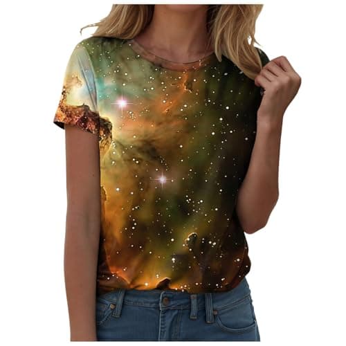 Image of Générique Galaxy T-Shirt Galaxy Print Glitter Shirts Fashion Star Shirt Summer Shirts Round Neck Short Sleeve Tops for Women Liquette Costumes, Gold, M