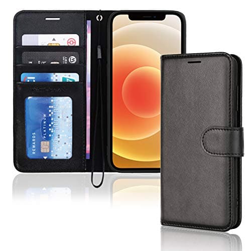 Image of TECHGEAR iPhone 12 Mini Leather Wallet Case, Flip Protective Case Cover with RFID Wallet Card Holder, Stand and Wrist Strap - Black PU Leather with Magnetic Closure Designed for iPhone 12 Mini 5.4"