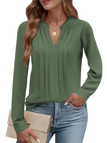 Image of Cuptacc Women Tops Long Sleeve Chiffon V-Neck Blouses Solid Color Casual Office Work Tops for Ladies Army Green, Large L 16-18