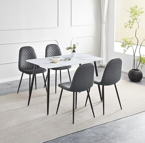 Image of HomJoy Rectangular Dining Table and Chairs Set of 4 Marble Effect Wood Table White 120cm Modern Green Velvet Padded Chairs 5 Piece Dining Room Kitchen Home Office Restaurant Pub Cafe