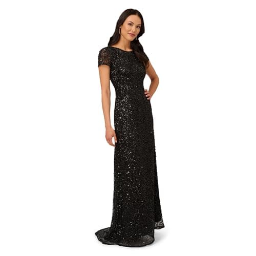 Image of Adrianna Papell Women's Short-Sleeve All Over Sequin Gown Dress, Black, 14