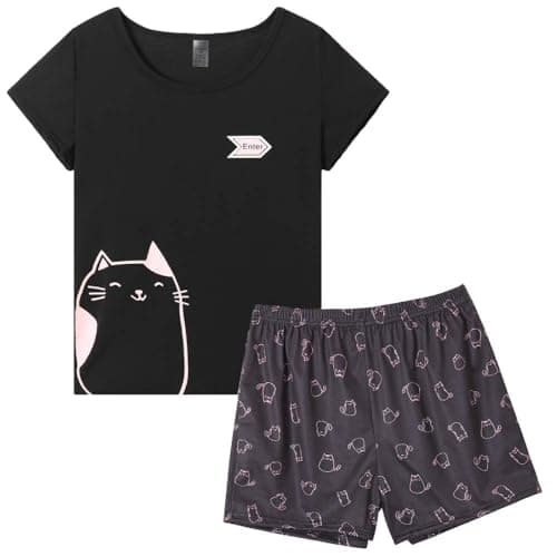 Image of MyFav Womens Comfy Pyjamas Lovely Cat Printing Nightwear Set for Ladies Casual 2 Pcs Sleepwear Nighty(Black,XXL)