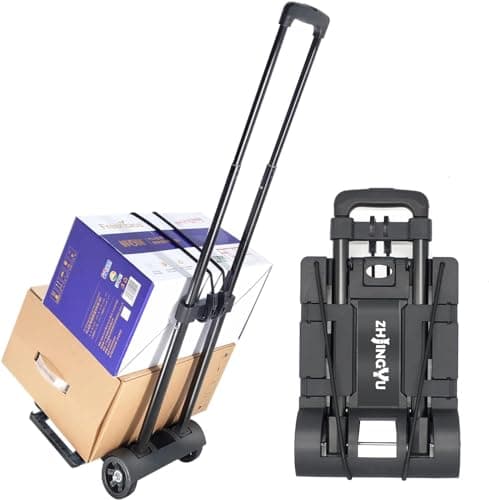 Image of ZHJINGYU 70lbs Folding Hand Truck | Sack Barrow | Steel Foldable Trolley | Adjustable Baseplate & Bungee Cords | 2 Wheel | Folds into Backpack for Lifting Luggage Travel Auto