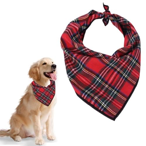 Image of Red Tartan Dog Bandana Christmas Dog Bandanas Classic Plaid Reusable Washable Pet Triangle Scarf Pet Bandana Pets Costume Accessories